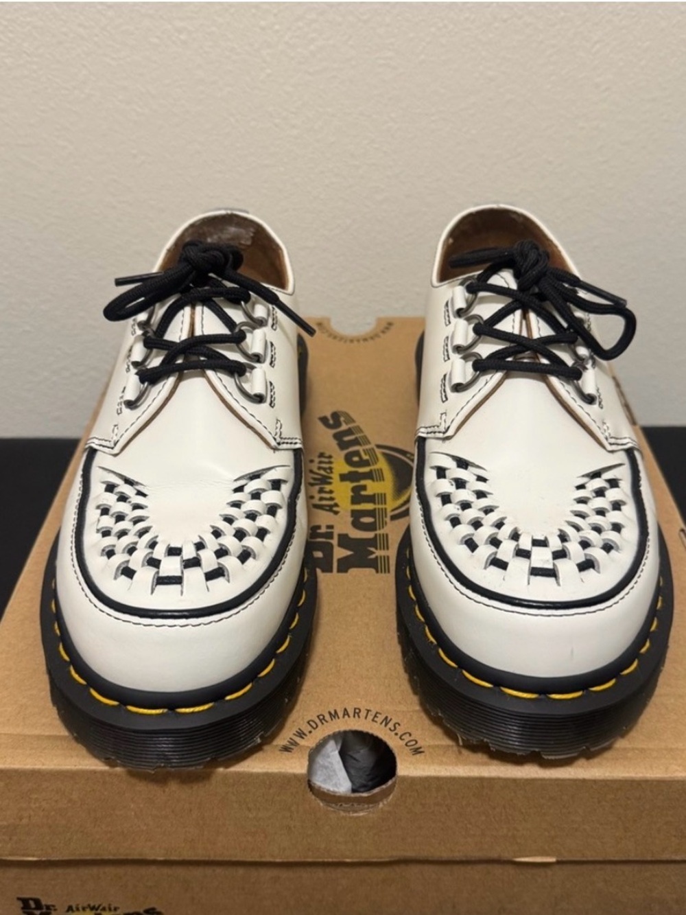 Dr. Martens Ramsey creeper White Woven Leather Lace-Up Loafers with Black Laces